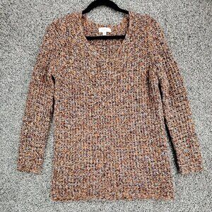 freeway Orange Tan Brown V-Neck Pullover Knit Sweater Women's Size Medium